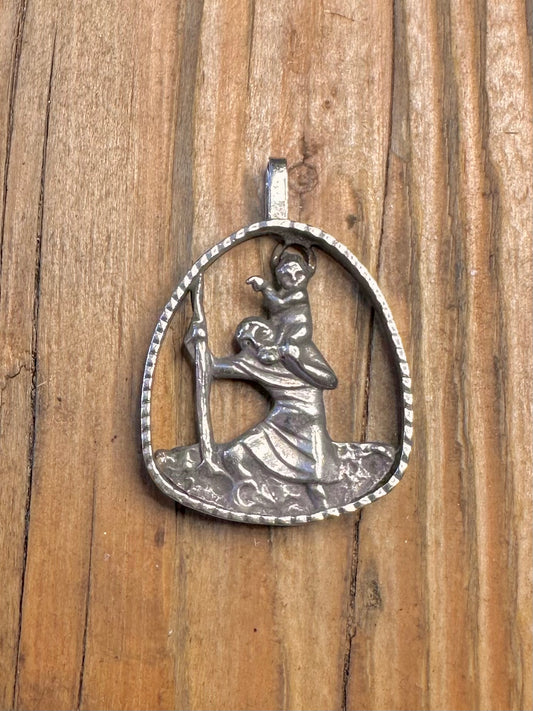 Unique St Christopher 1976 Pierced Design Textured 925 Sterling Silver Pendant