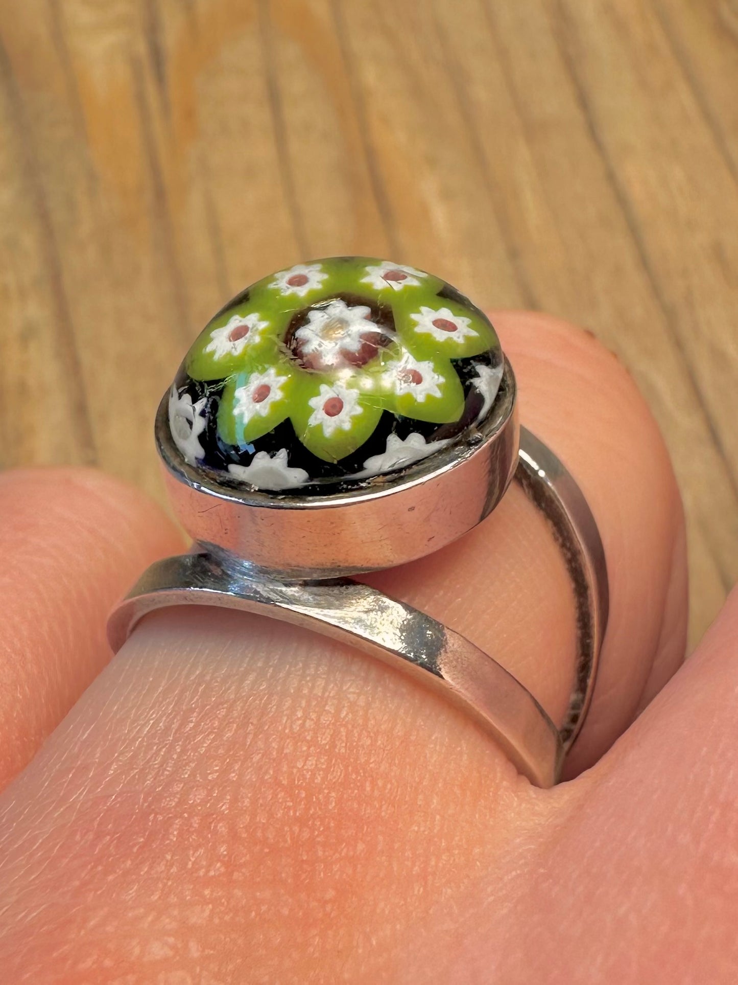 Vintage Millefleur Glass 925 Sterling Silver Size P Ring