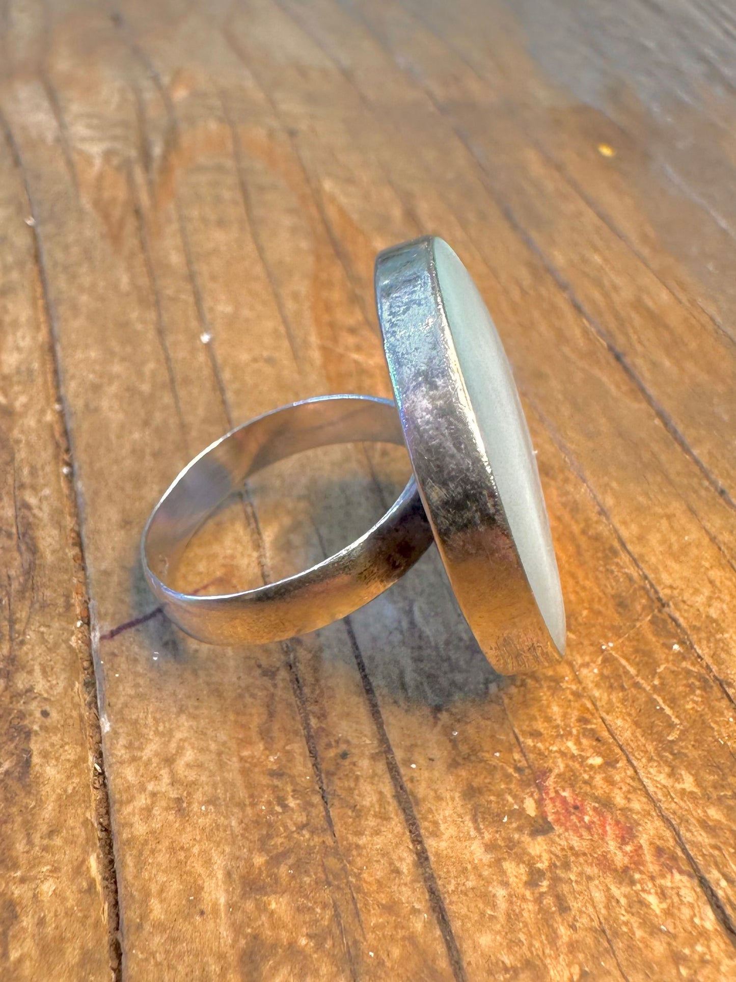 Blue Mother of Pearl Circle 925 Sterling Silver Size N Ring