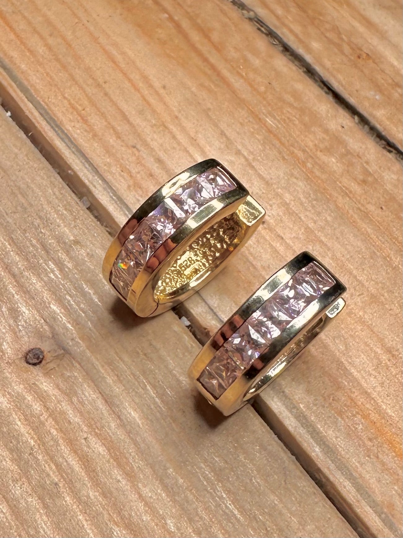 Modern Pink CZ Chunky Hoops Gold on 925 Silver Earrings