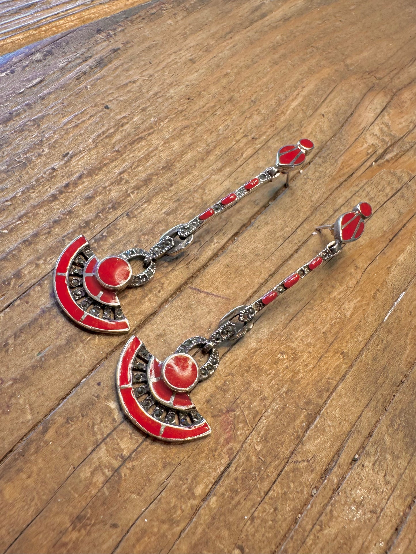 Stunning Art Deco Style Red Coral and Marcasite 925 Sterling Silver Earrings