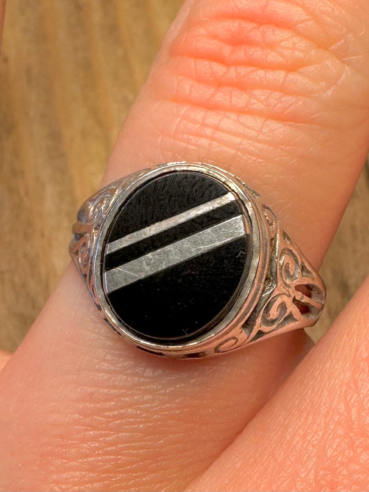 Vintage Onyx Ornate Signet 925 Sterling Silver Size R Ring
