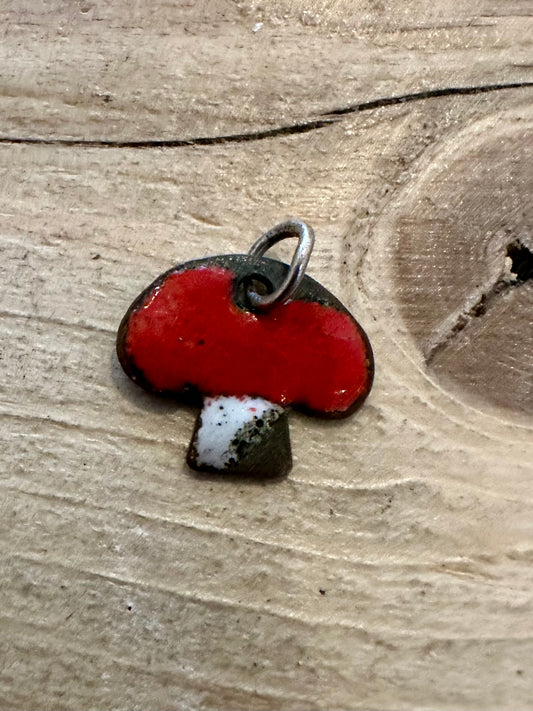 Vintage Enamel Red and White Copper Mushroom Costume Pendant