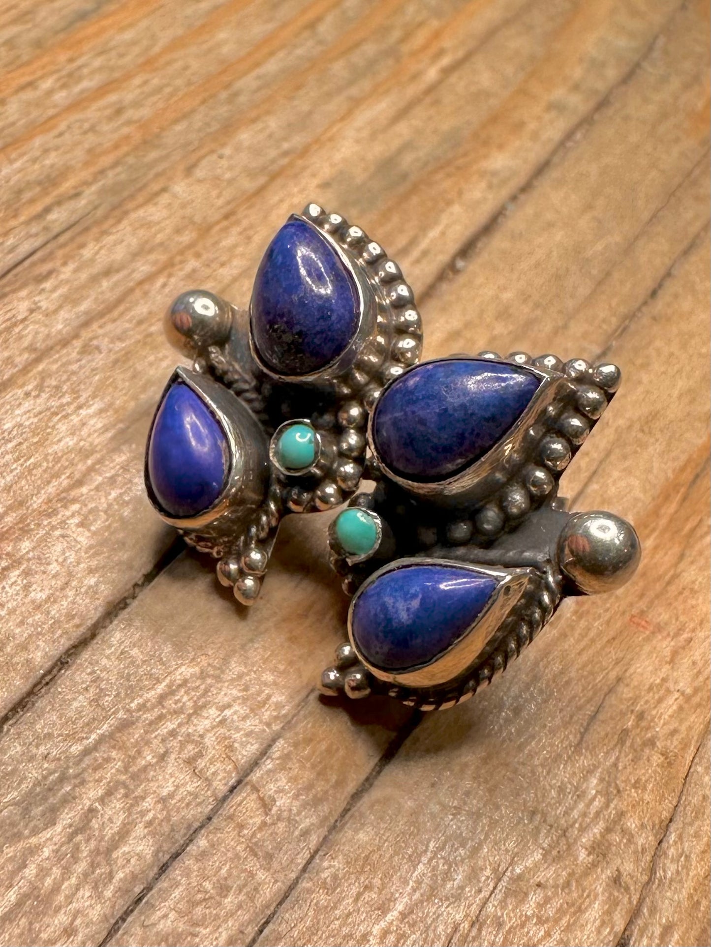 Vintage Lapis and Turquoise Boho Stud 925 Sterling Silver Earrings