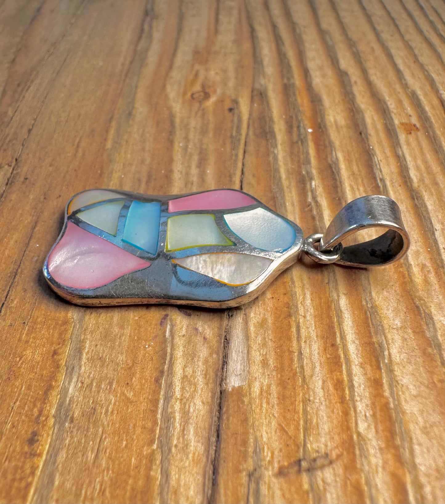 Abstract Multi Coloured Mother of Pearl 925 Sterling Silver Pendant