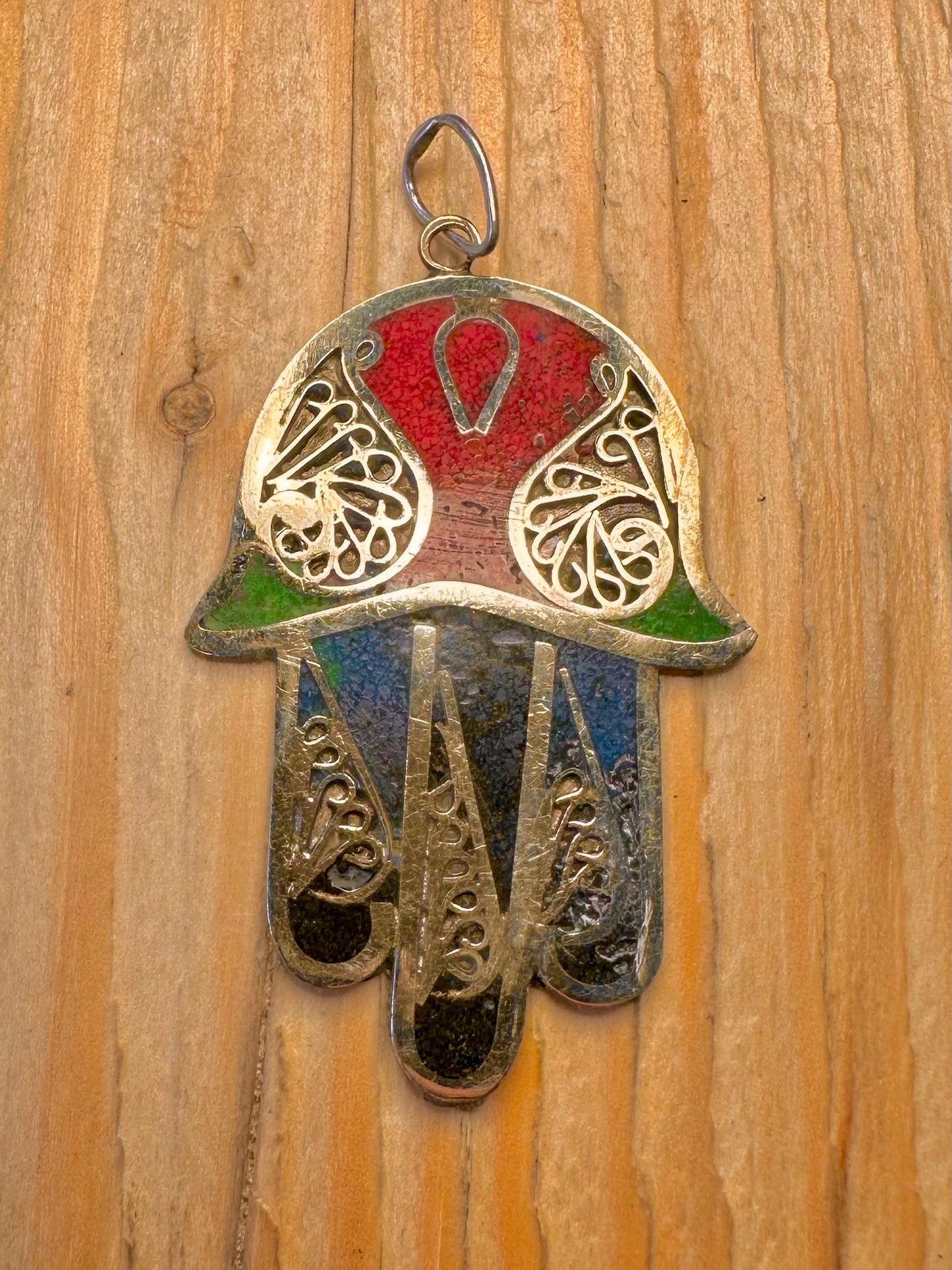 Vintage Hamsa Multicoloured Inlay 925 Sterling Silver Pendant