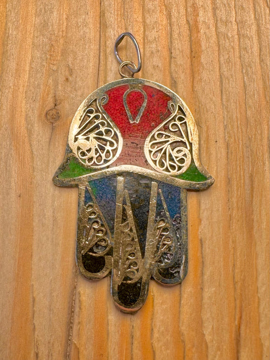 Vintage Hamsa Multicoloured Inlay 925 Sterling Silver Pendant