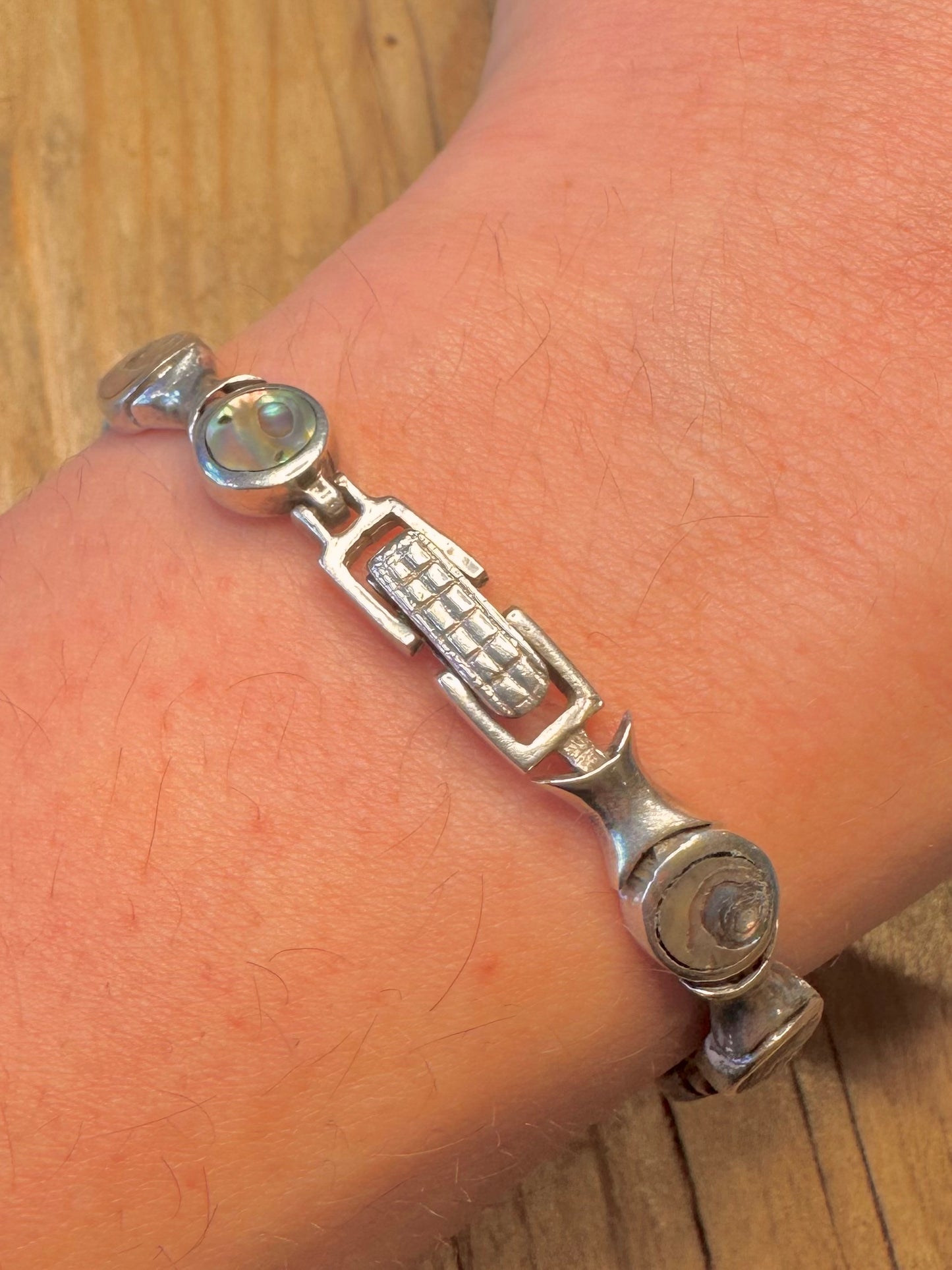 Vintage Heavy Abalone Oval Link 925 Sterling Silver 7.2 inch Bracelet