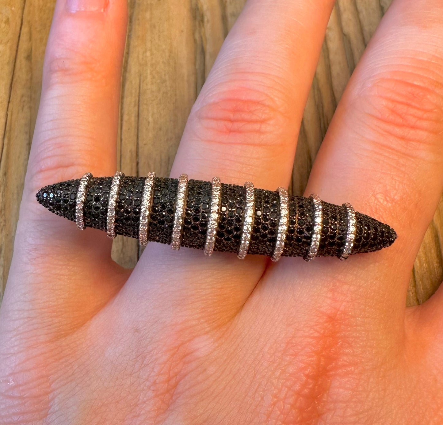 Large Long Black Stones Pointed Rose Gold Colour on 925 Sterling Silver Size M1/2 Ring
