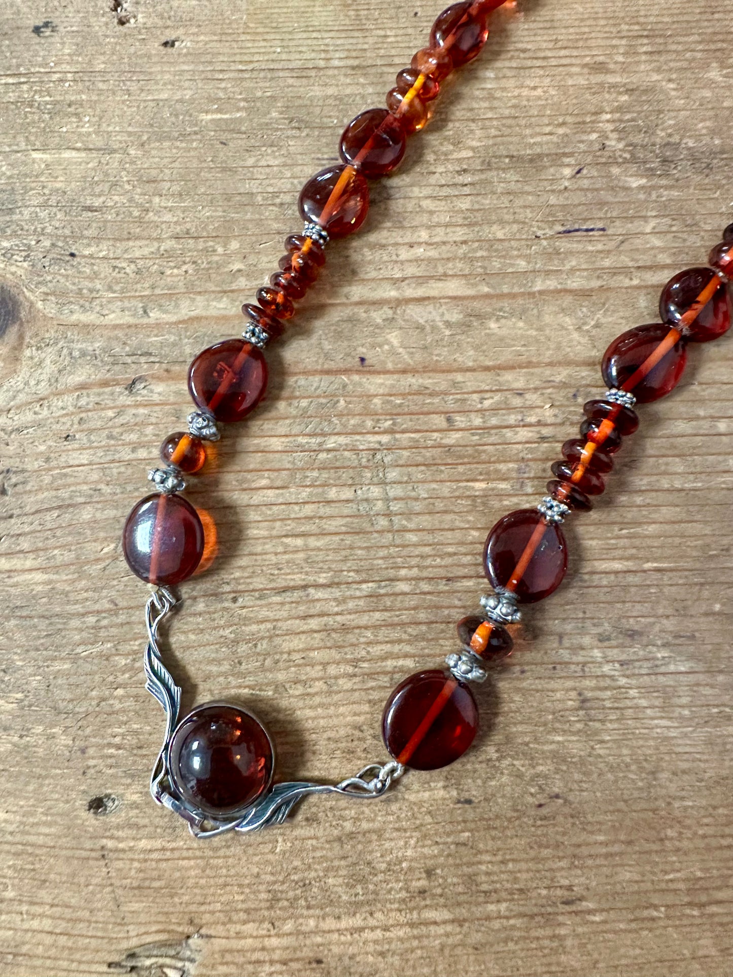 Vintage Amber and Leaf Design 925 Silver 19 inch Necklace