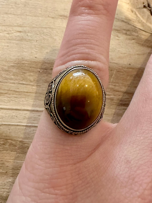 Vintage Tigers Eye Ornate 925 Silver Adjustable Size J Ring