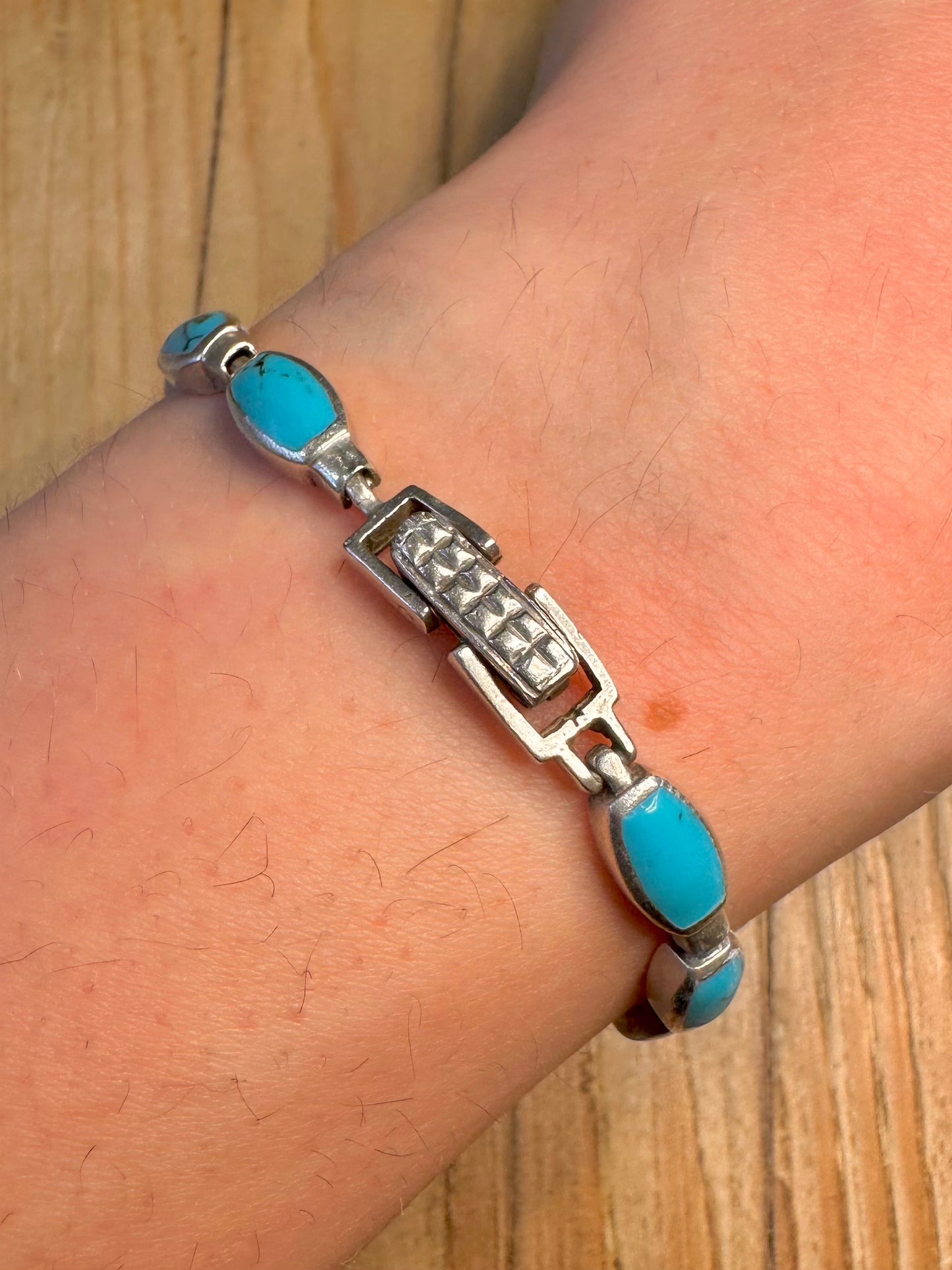 Vintage Turquoise Link 925 Sterling Silver 7.5 inch Bracelet