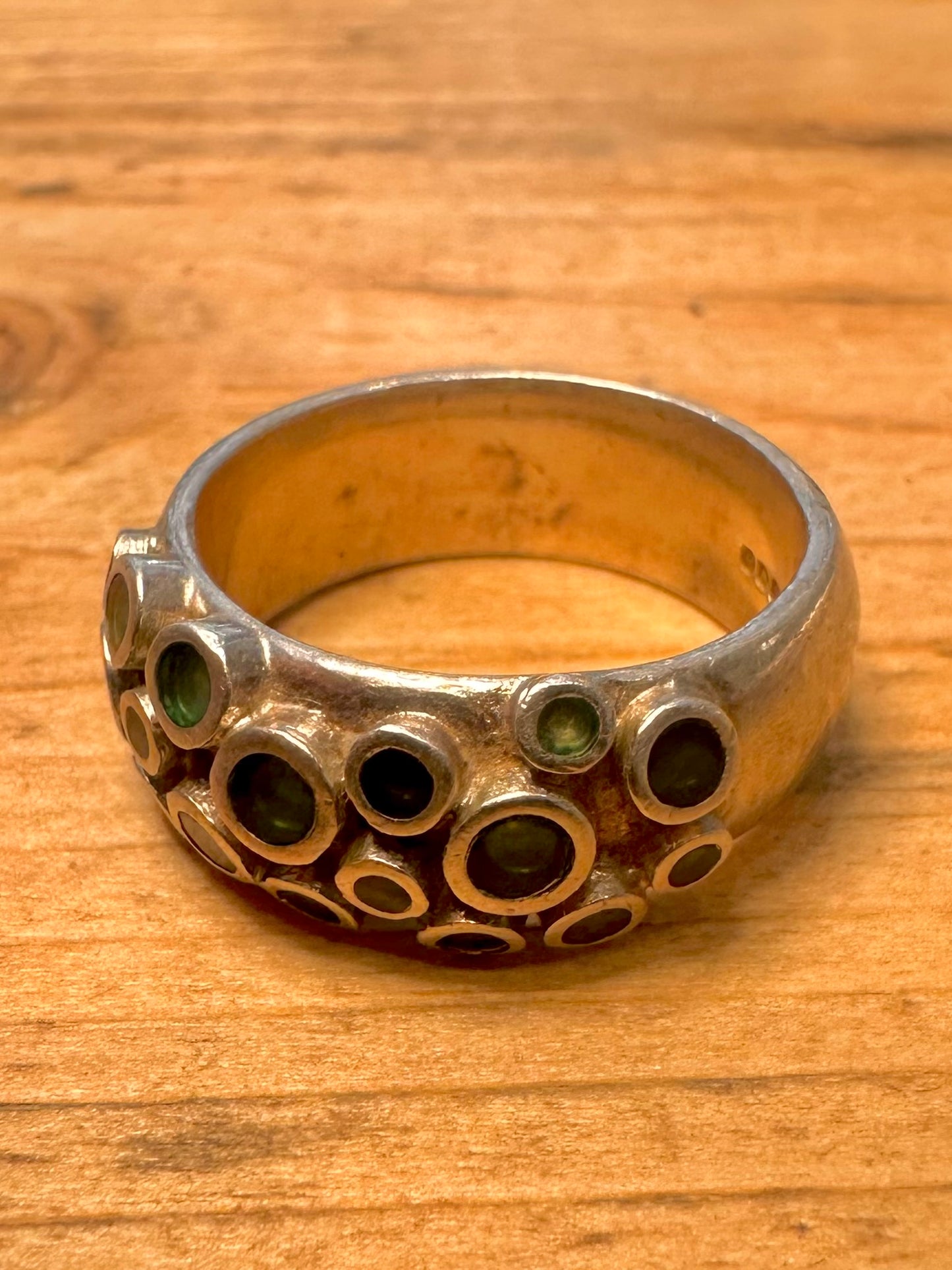 Modernist 2007 Green Dots 925 Silver Size O1/2 Ring