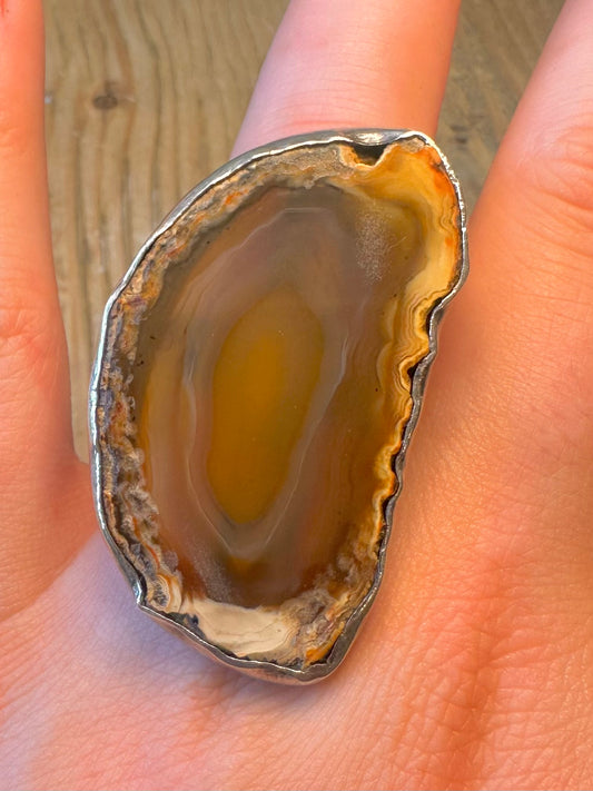 Sliced Polished Agate 925 Sterling Silver Size O Adjustable Ring