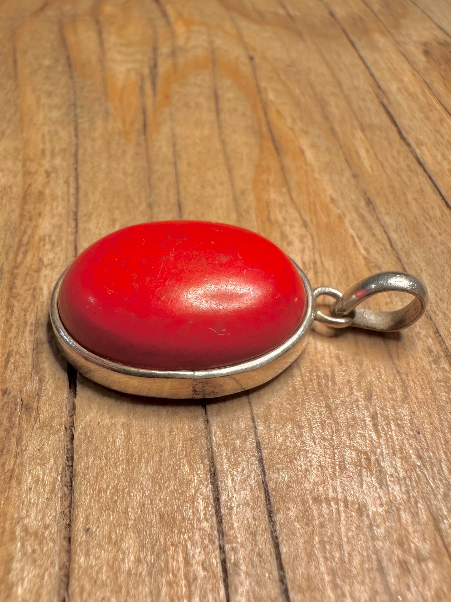 Vintage Coral Oval 925 Sterling Silver Pendant