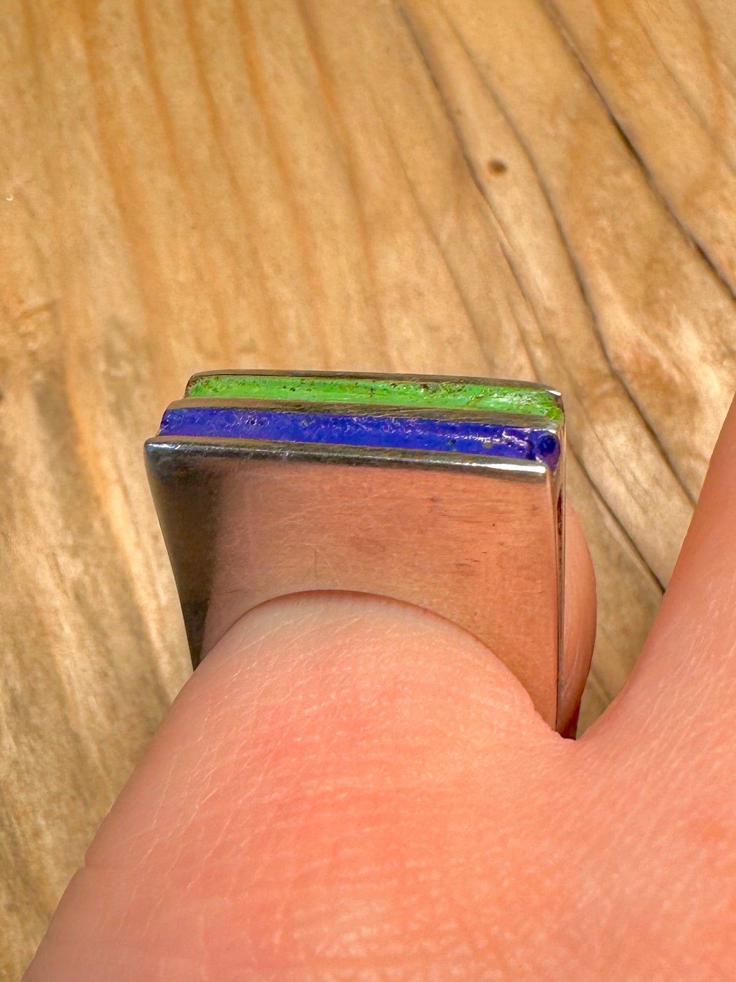 Abstract Green and Blue Enamel 925 Sterling Silver Size N Ring