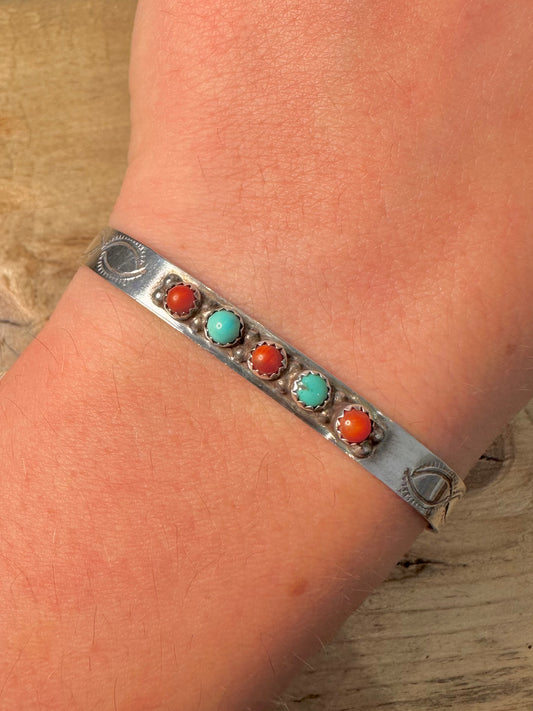 Vintage Turquoise and Coral Native American 925 Silver Cuff Bangle