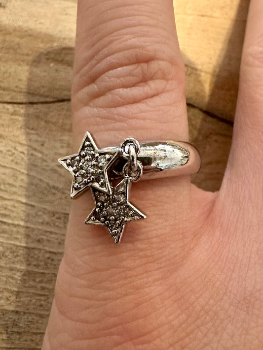 Vintage Double CZ Star Charm 925 Silver Size M1/2 Ring