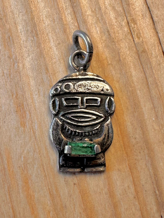 Vintage Aztec Mayan Figure Green Stone 900 Silver Pendant