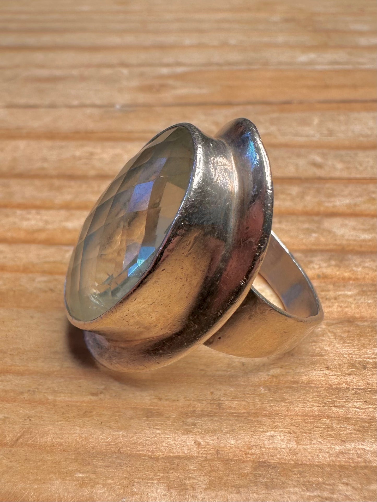 Vintage Faceted Greenish Quarts 925 Sterling Silver Size N Ring