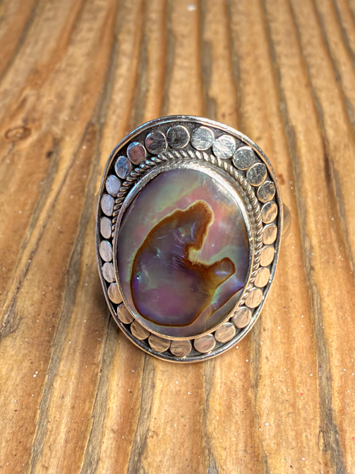 Ornate Oval Abalone 925 Sterling Silver Size P Ring