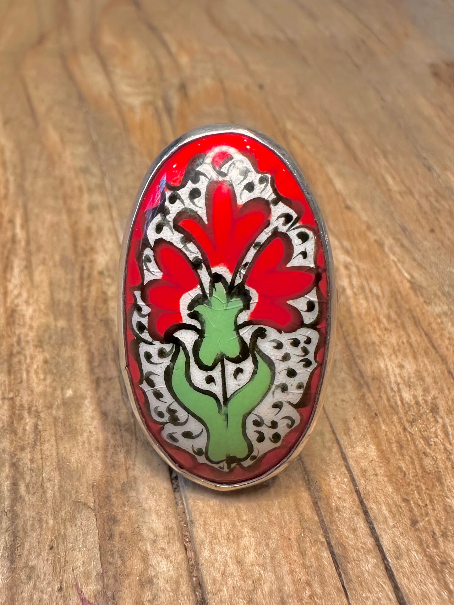 Vintage Red White Painted Flower Design Oval 925 Sterling Silver Size M1/2 Ring