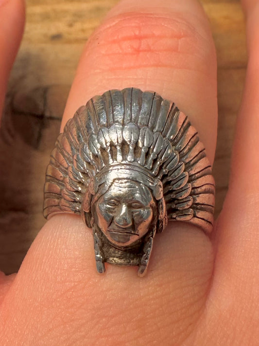 Vintage Native American Head 925 Silver Size O1/2 Ring