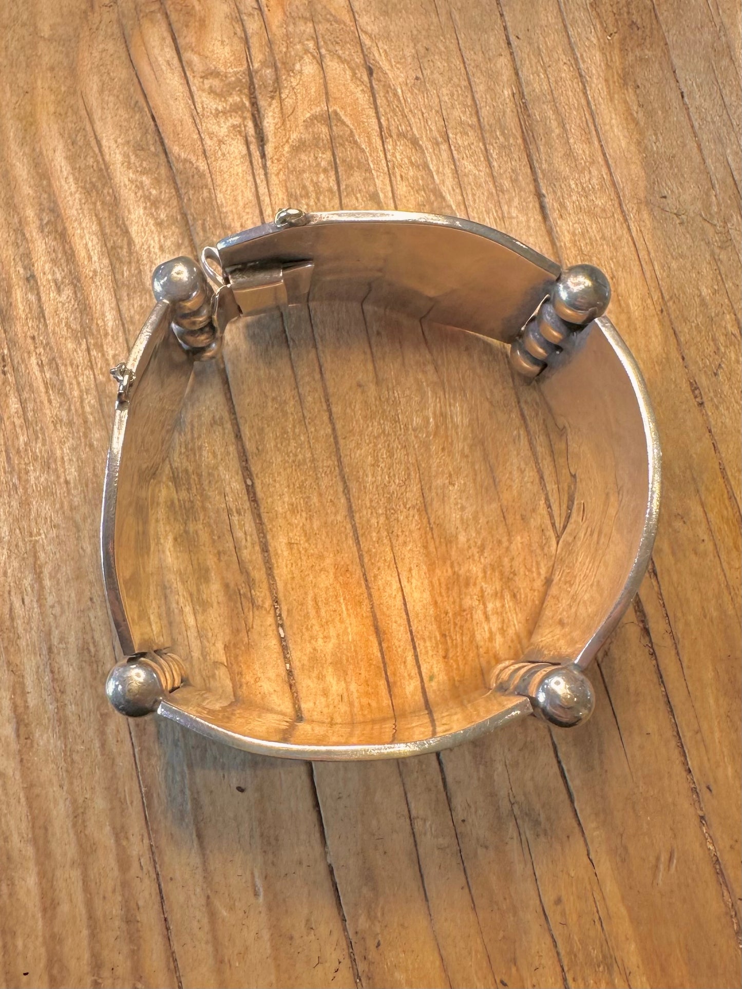 Vintage Mexican Tribal Figure Hinged with Safety Chain 925 Sterling Silver Bracelet