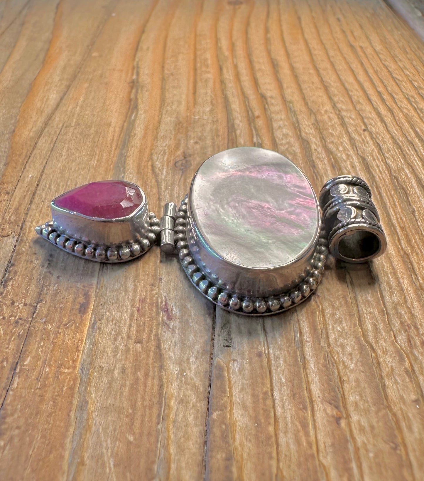 Mother of Pearl and Pink Red Stone 925 Sterling Silver Pendant