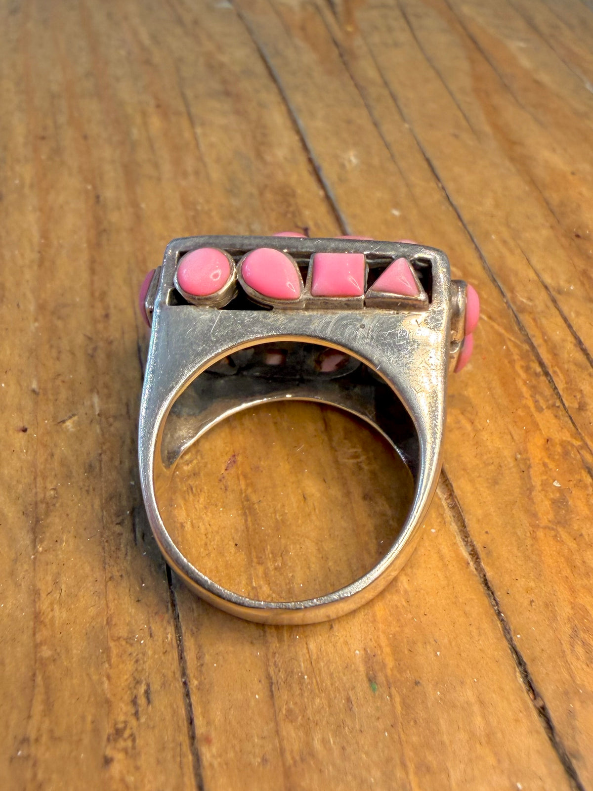 Abstract Pink Cabochon Stones 925 Sterling Silver Size N Ring