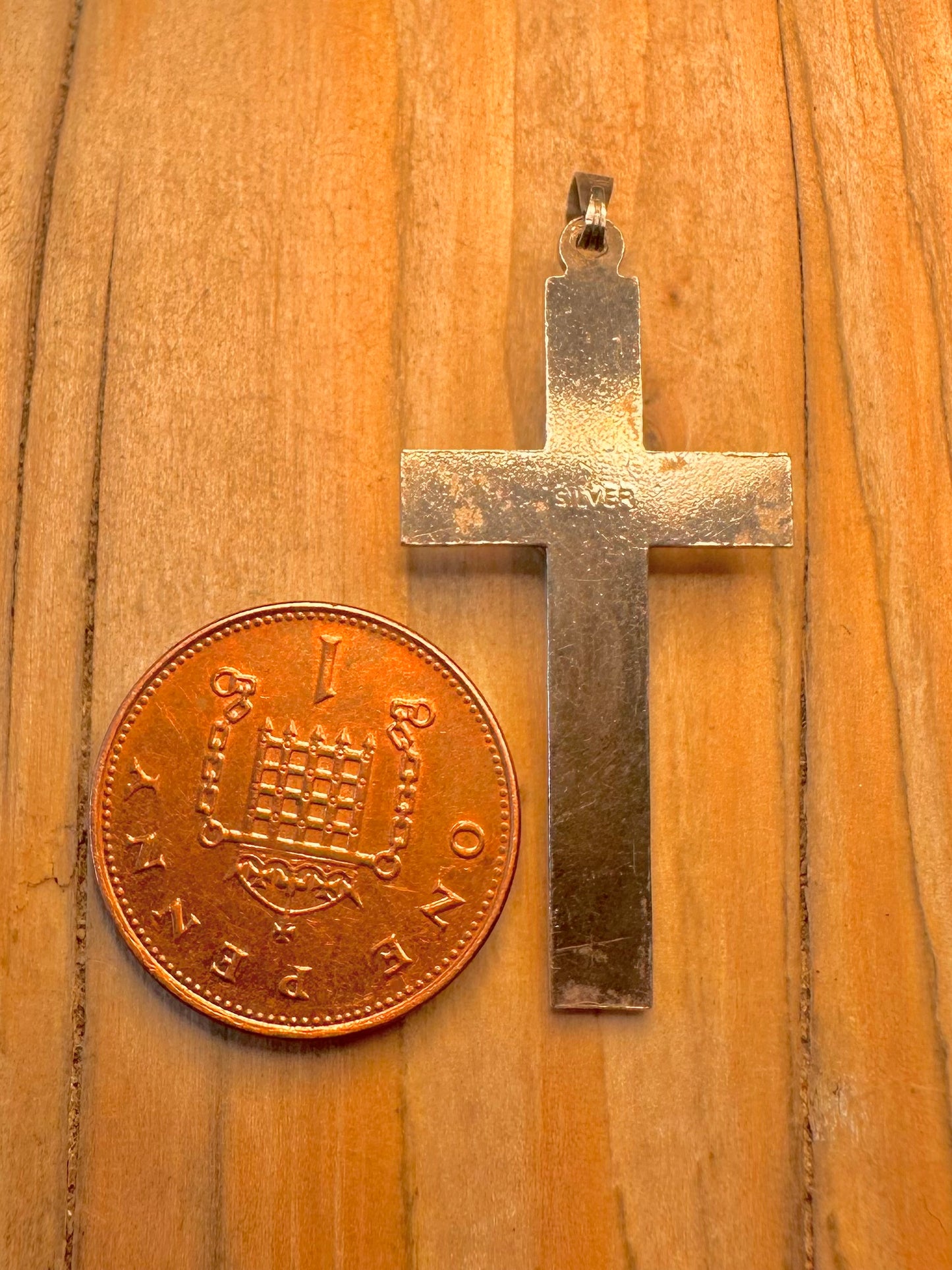 Vintage Engraved Cross Blue Opal 925 Sterling Silver Pendant