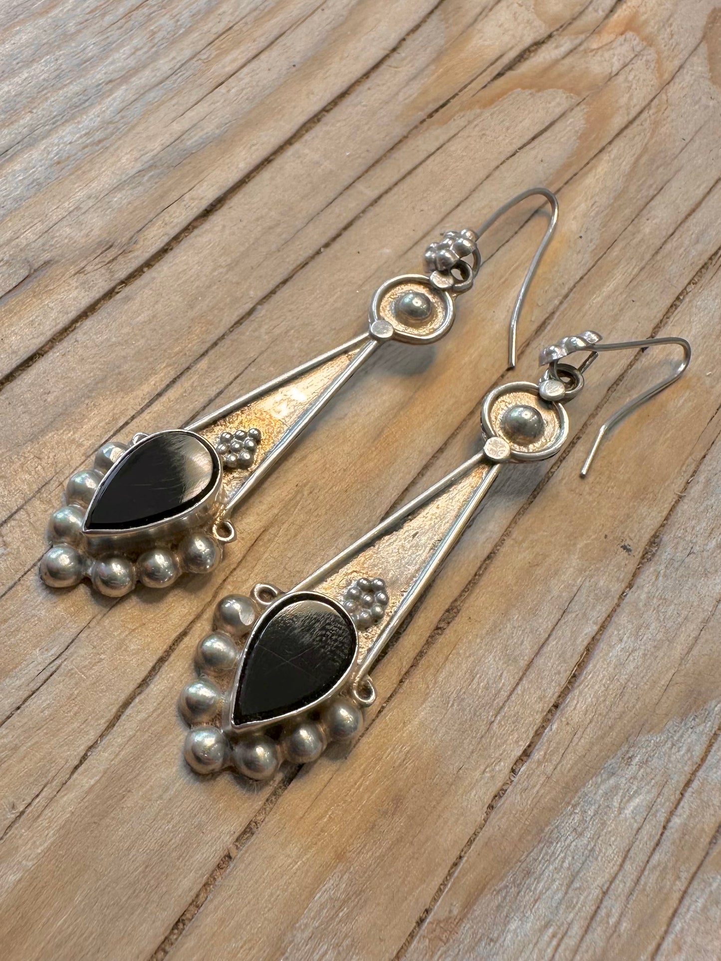 Vintage Handmade Onyx Dangle 925 Silver Earrings