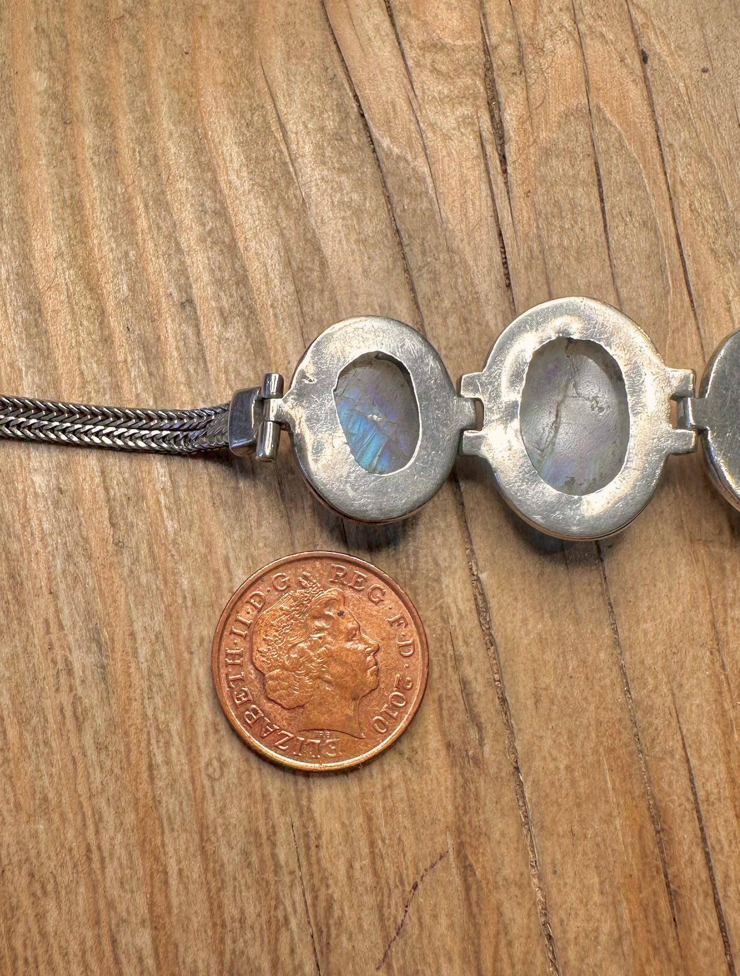 Vintage Moonstone Woven Link 925 Sterling Silver 7.1 inch Bracelet