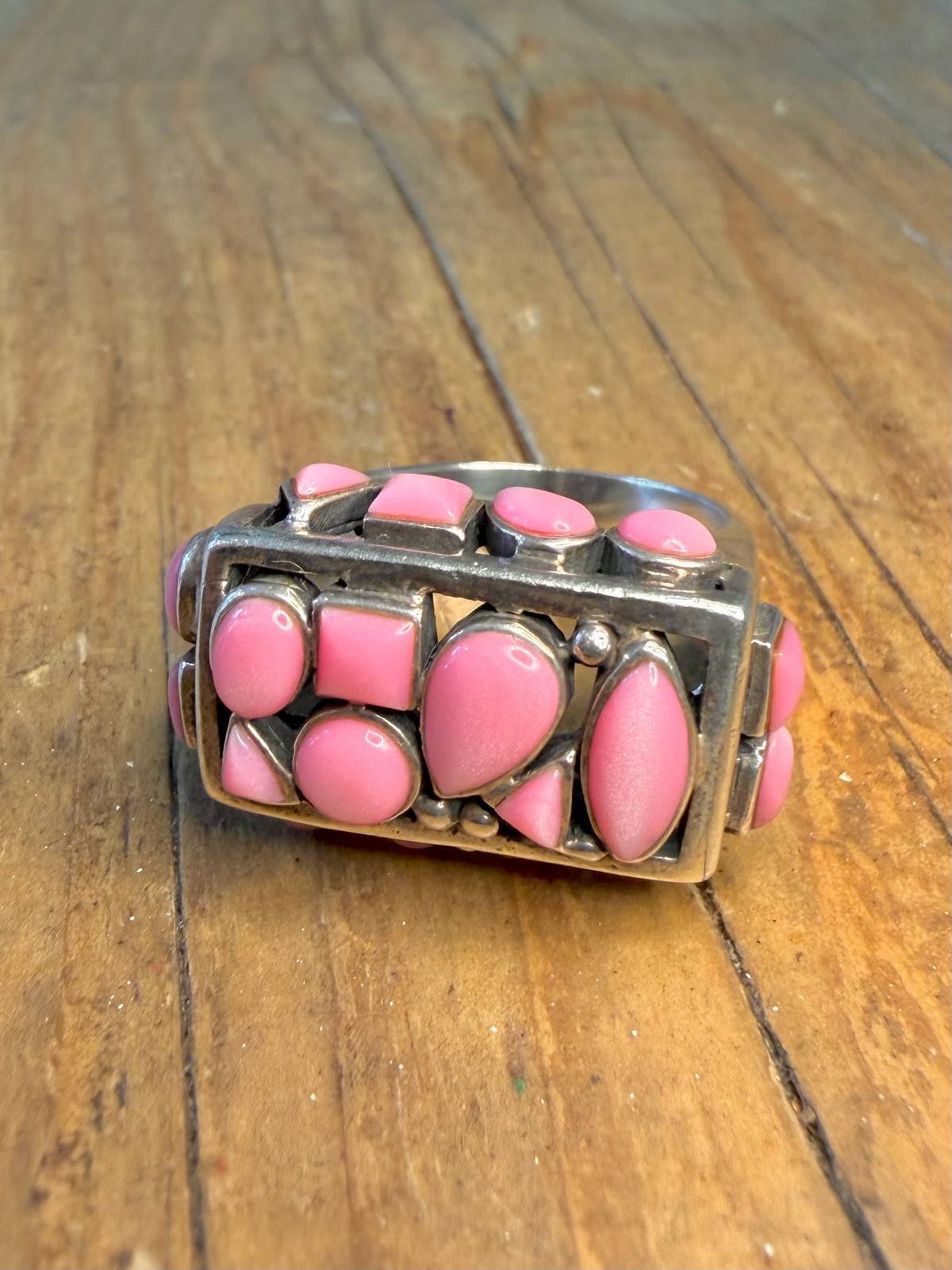 Abstract Pink Cabochon Stones 925 Sterling Silver Size N Ring