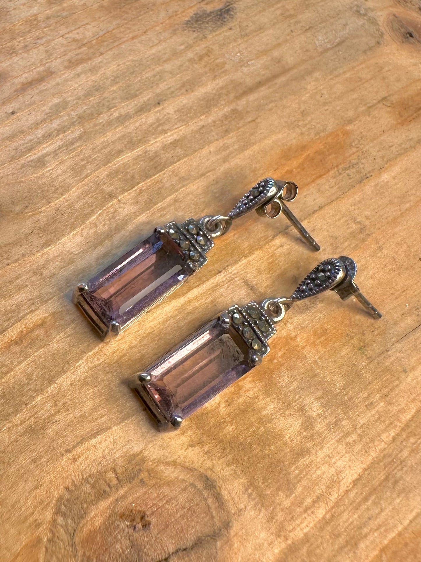 Purple Stone Rectangle Marcasite Art Deco 925 Sterling Silver Earrings