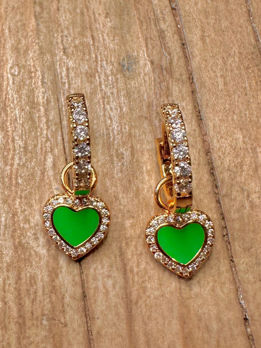 Modern CZ Stone and Green Heart Gold on 925 Sterling Silver Earrings