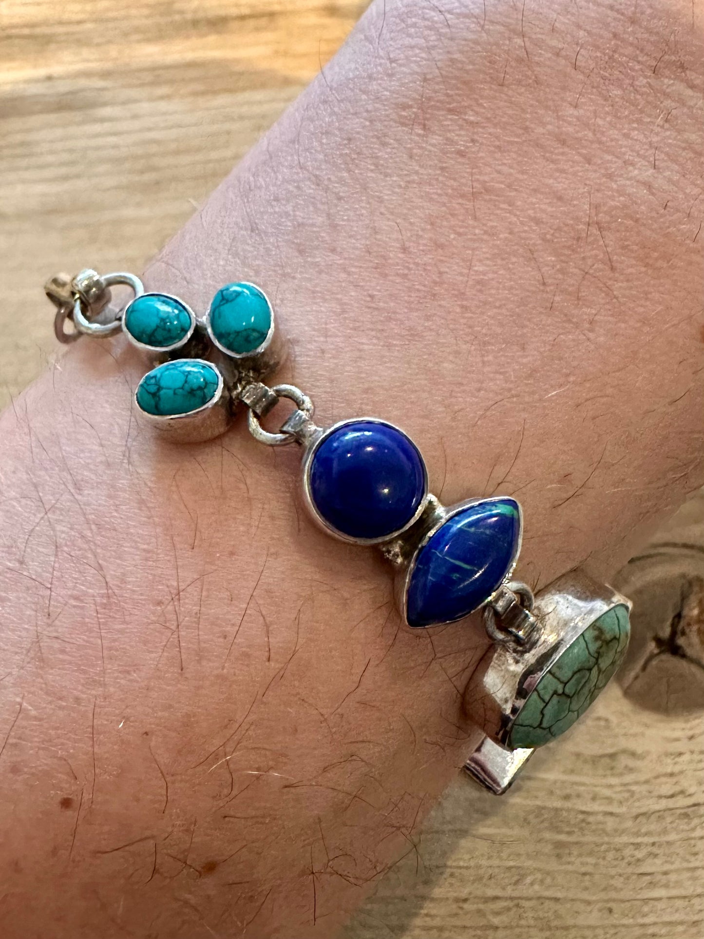 Vintage Turquoise and Azurite 925 Silver 6.5 to 7.8 inch Bracelet