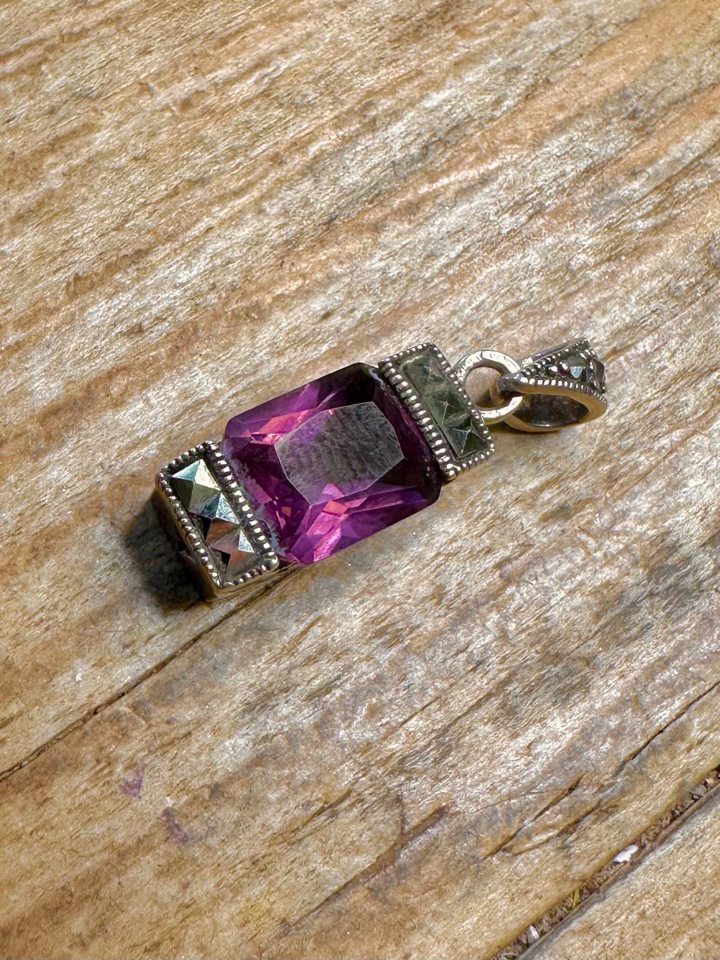 Purple Rectangle Gemstone and Marcasite 925 Sterling Silver Pendant