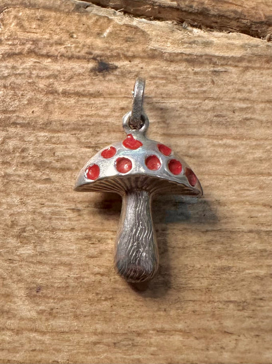 Vintage Mushroom Red Enamel 925 Silver Pendant