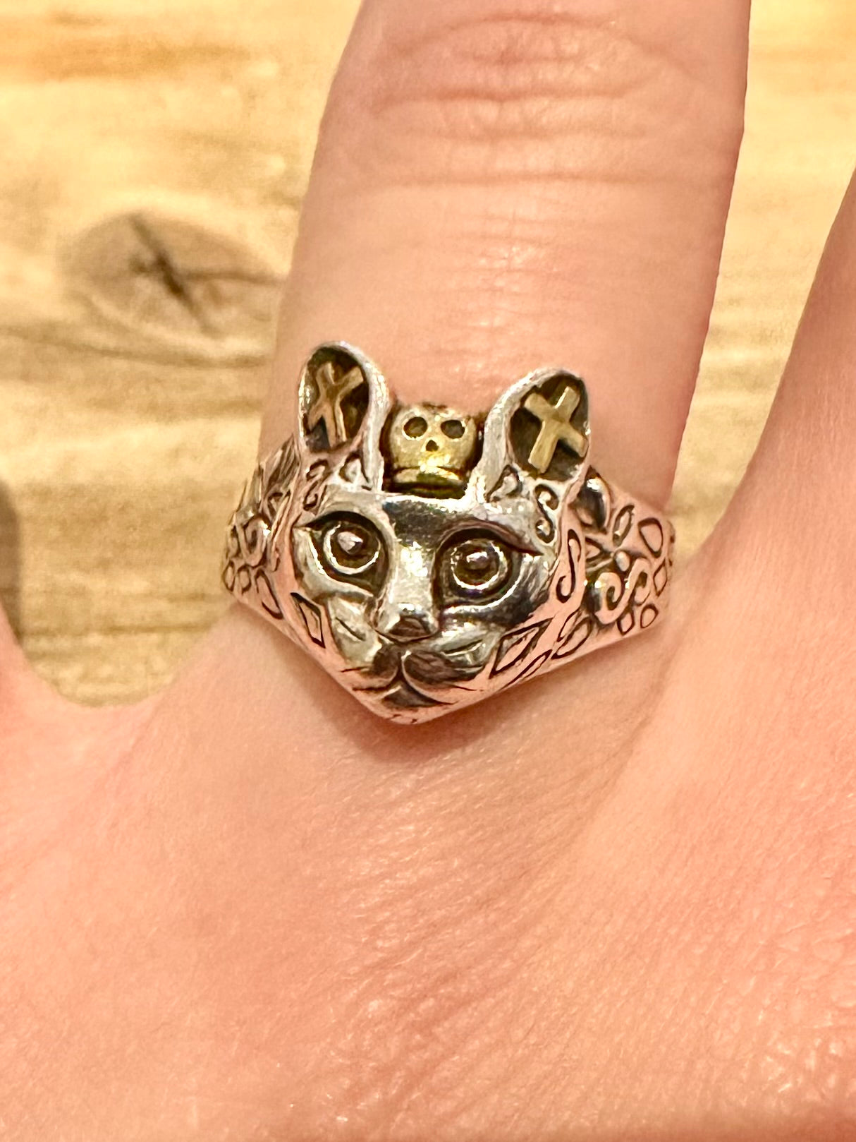 Vintage Cat Head Gold and 925 Silver Size O Adjustable Ring