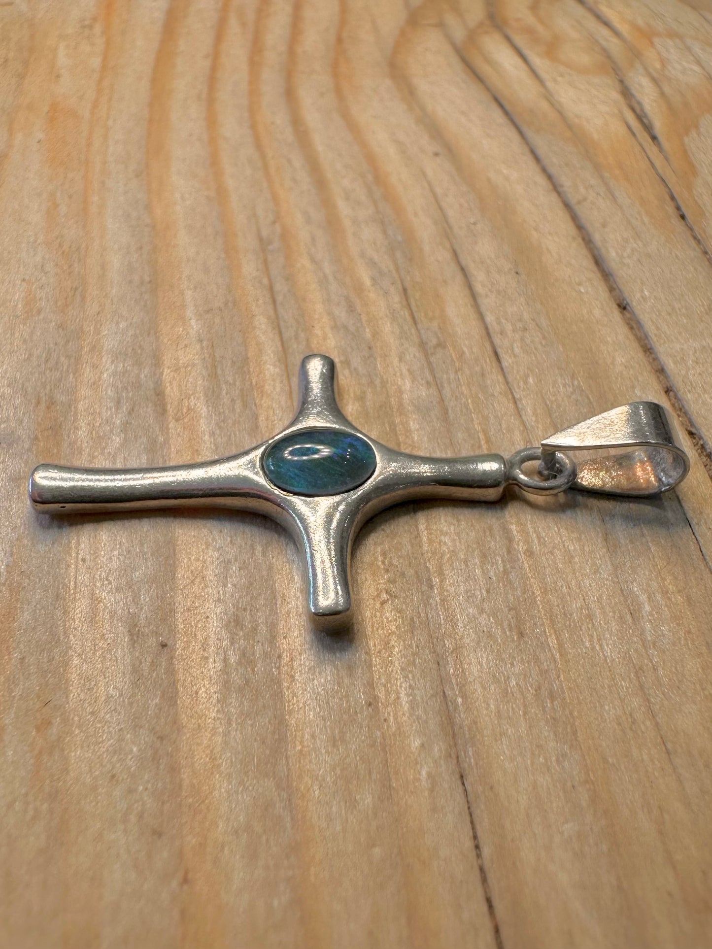 Abstract Blue Opal Cross 925 Silver Pendant