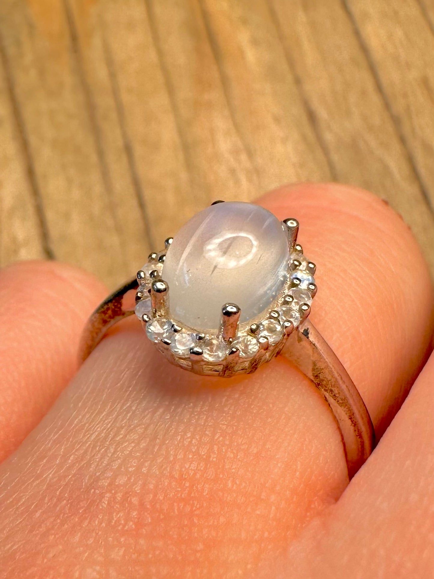 Vintage Moonstone and White CZ 925 Sterling Silver Size S Ring