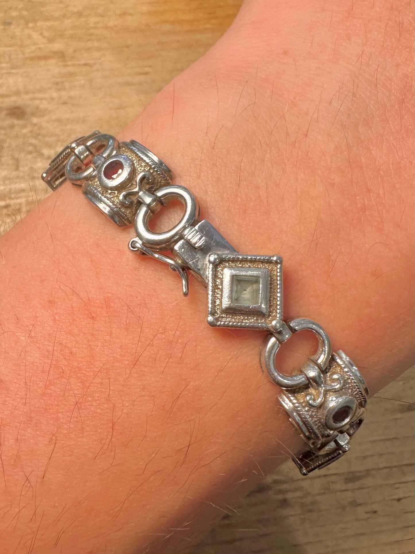 Vintage Multi Gemstone Shaped 925 Silver 7.6 inch Bracelet
