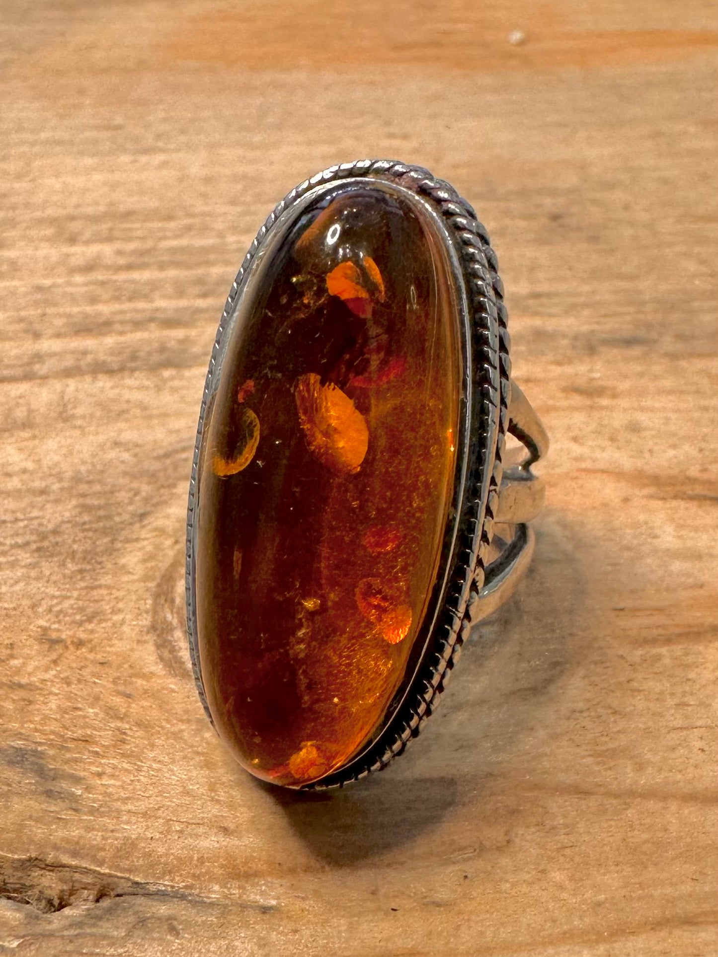 Vintage Large Amber Oval 925 Silver Size K1/2 Ring