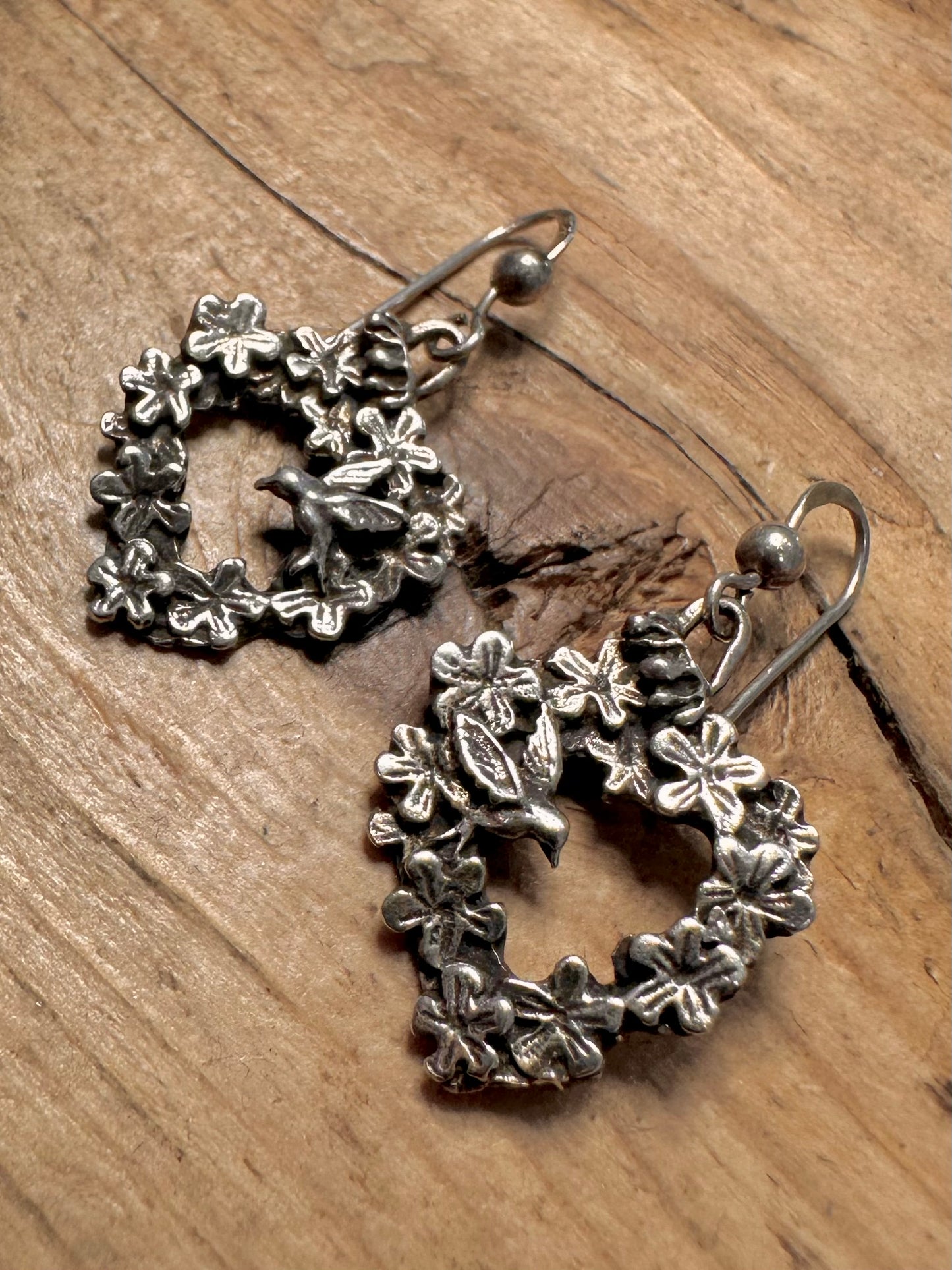 Vintage Floral and Bird 925 Silver Earrings