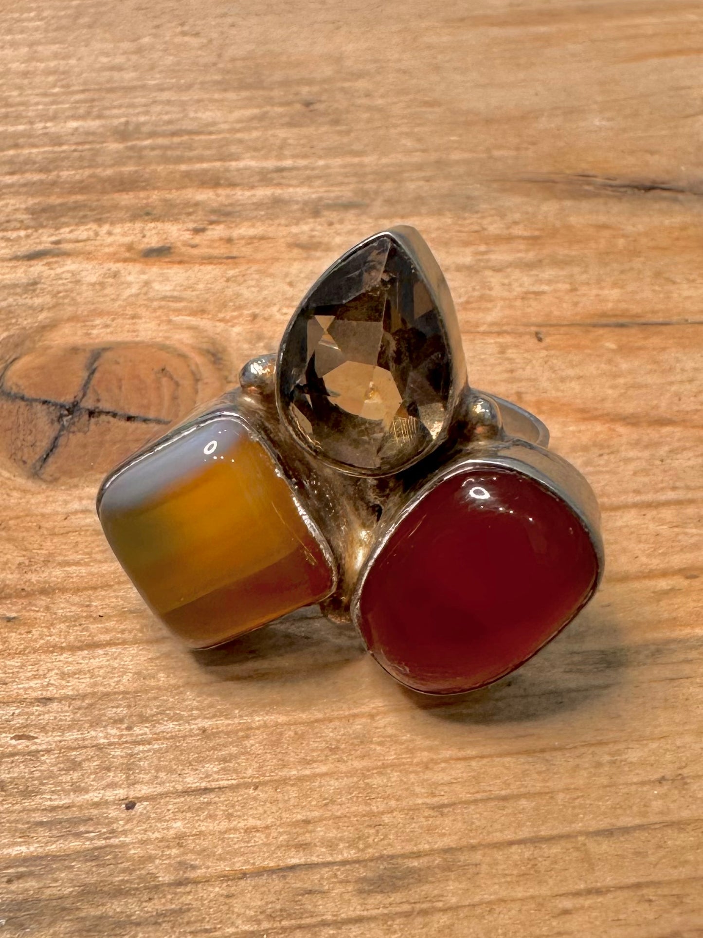 Abstract Carnelian Smokey Quarts and Banded Agate 925 Silver Size M1/2 Ring