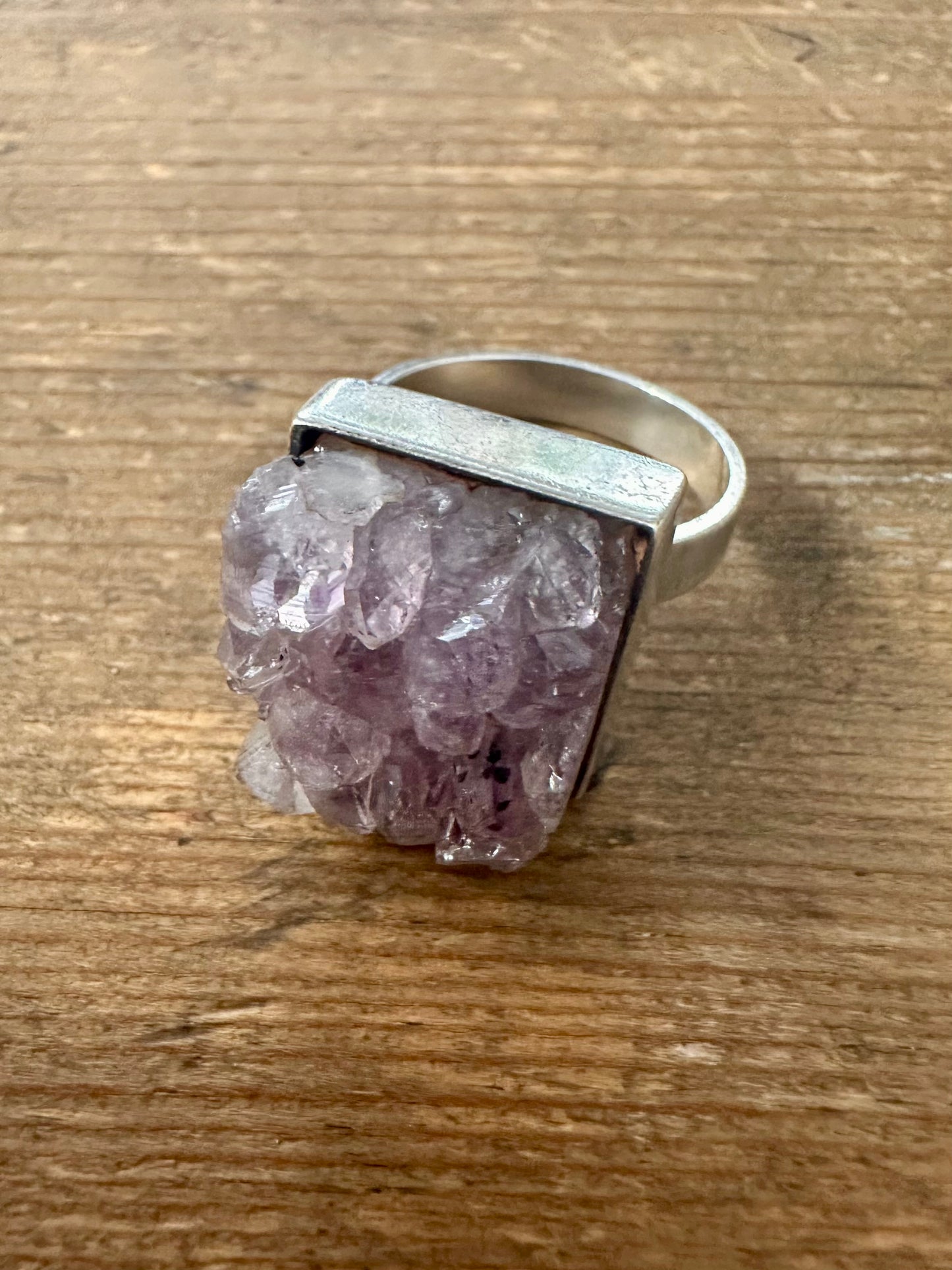 Vintage 1972 Raw Amethyst Square 925 Silver Size Q Ring