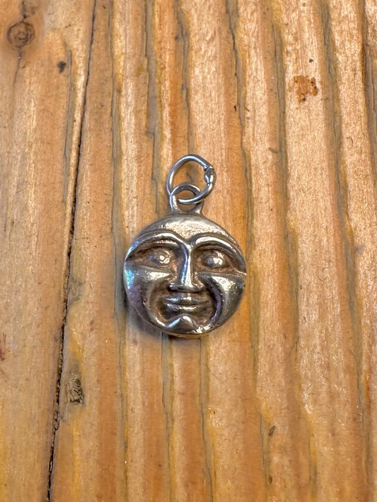 Moon Face and Star Double Sided 925 Sterling Silver Pendant