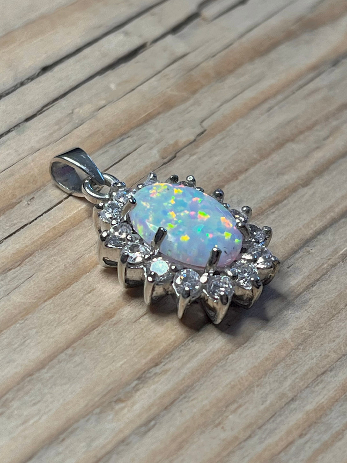 Oval Opal and White CZ 925 Sterling Silver Pendant