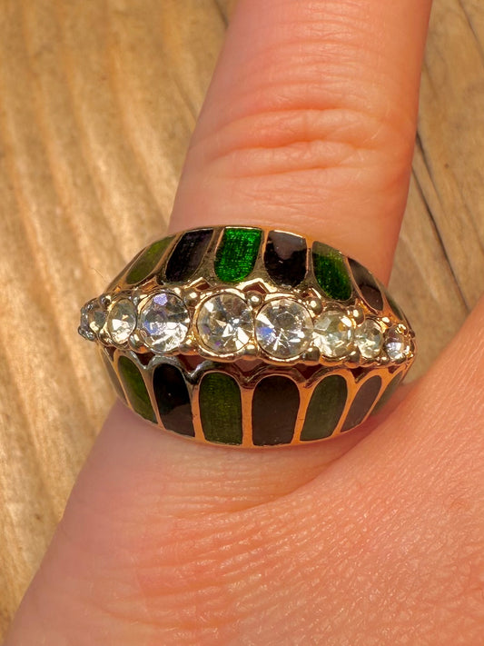 Vintage Black and Green Enamel White Stone Gold Tone Cocktail Size N Costume Ring